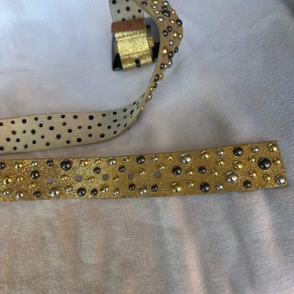 Per Se Gold Metallic Genuine Leather Studded Belt Small Glam Rock Edgy Festival